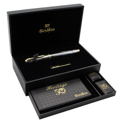 Picture of SCRIKSS HERITAGE FOUNTAIN PEN + CATALOGUE + 6 CARTRIDGES GOLD CHROME WOODEN BOX MODEL 80778