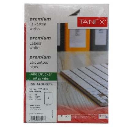 Picture of COMPUTER LABEL TANEX WHITE A4 50 SHEETS A4 / 1 MODEL TW-2000