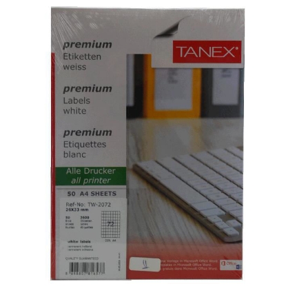 Picture of COMPUTER LABEL TANEX WHITE 33.16 × 26.5 MM 50 SHEETS A4 / 72 MODEL / 72 TW-2102