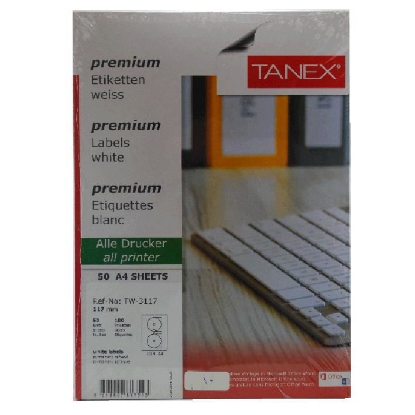 Picture of COMPUTER LABEL TANEX WHITE 217 MM 2 / A4 CD 50 SHEETS MODEL TW-3117